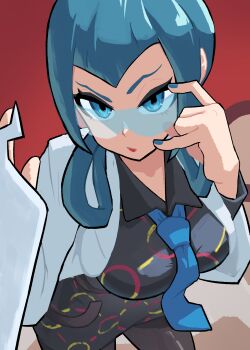 1girl adjusting_eyewear black_dress blue-tinted_eyewear blue_eyes blue_hair blue_necktie coat commentary dress highres lab_coat mable_(pokemon) necktie niisan2023 nintendo pokemon pokemon_legends:_z-a red_background safety_glasses simple_background solo tinted_eyewear upper_body white_coat