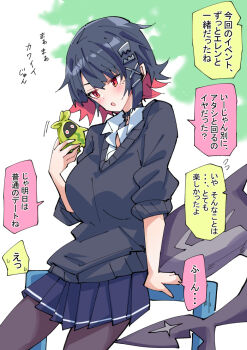 1girl against_railing bangboo_(zenless_zone_zero) black_hair black_pantyhose black_skirt black_vest colored_inner_hair ellen_joe ellen_joe_(on_campus) fins fish_tail hair_ornament hairpin looking_at_viewer mole mole_under_eye multicolored_hair nodachi_(nodati51) official_alternate_costume open_mouth pantyhose railing red_eyes red_hair shark_girl shark_tail shirt short_hair skirt solo tail vest white_shirt x_hair_ornament zenless_zone_zero