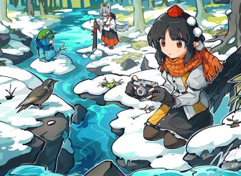 3girls absurdres animal_ears bird black_gloves black_hair black_skirt black_wings blue_hair blue_scarf blush brown_pantyhose camera closed_mouth commentary_request detached_sleeves doggo_1d34 feathered_wings fingerless_gloves geta gloves green_hat grey_hair hair_bobbles hair_ornament hat highres holding holding_camera holding_sword holding_weapon inubashiri_momiji juliet_sleeves kawashiro_nitori long_sleeves multiple_girls orange_scarf outdoors pantyhose pointy_ears pom_pom_(clothes) puffy_sleeves red_eyes red_hat red_sandals ribbon-trimmed_sleeves ribbon_trim sandals scarf shameimaru_aya sheath sheathed shirt signature sitting skirt snow stream sword tail tengu-geta tokin_hat touhou tree twitter_username weapon white_shirt wings wolf_ears wolf_girl wolf_tail