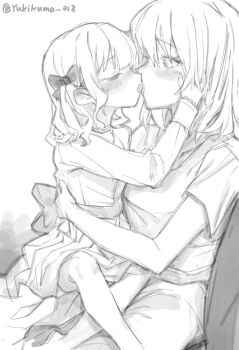 Rule 34 | 2girls, age difference, aged down, artist name, back bow, bang dream!, bang dream! it's mygo!!!!!, bare legs, barefoot, blush, bow, chinese commentary, closed eyes, commentary request, curly sidelocks, dress, ear blush, face-to-face, french kiss, from side, greyscale, hair bow, hand on another's face, hand on another's waist, height difference, highres, kiss, long sleeves, looking at another, medium hair, misumi uika, monochrome, multiple girls, nose blush, onee-loli, profile, shirt, short hair, short sleeves, sidelocks, simple background, sitting, sitting on person, sleeve cuffs, surprise kiss, surprised, t-shirt, time paradox, togawa sakiko, tongue, tongue out, twitter username, u u, white background, yukikuma (yukikuma 018), yuri