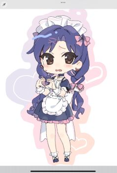 1girl alternate_hairstyle apron art_program_in_frame blue_hair blush bow brown_eyes chibi commentary_request dress embarrassed full_body hair_bow hair_ornament heart heart_hands highres idolmaster idolmaster_(classic) kisaragi_chihaya long_hair looking_at_viewer maid maid_apron maid_headdress nozawa_noko pink_bow screencap short_sleeves solo standing sweatdrop twintails wavy_mouth white_apron x_hair_ornament