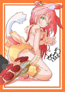 1girl animal_ear_fluff animal_ears armlet artist_name blush border bra brown_shoes claw_pose closed_mouth clothes_lift detached_sleeves dog_ears dog_girl dog_tail dot_nose frilled_sleeves frilled_thigh_strap frills green_eyes hair_bobbles hair_ornament highres jewelry kneeling leash long_hair looking_at_viewer looking_to_the_side multicolored_hair_bobbles original outside_border panties panties_under_shorts red_border red_hair shoes signature simple_background skirt skirt_lift smile sneakers socks solo tail thigh_strap thighs totomoto underwear white_background white_bra white_panties yellow_skirt yellow_sleeves yellow_socks