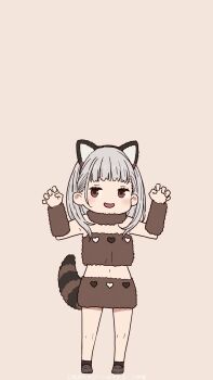 1girl animal_ears bare_shoulders blush brown_background brown_eyes brown_shirt brown_skirt claw_pose commentary_request fake_animal_ears fake_tail fur_collar fur_shirt fur_skirt grey_hair highres imigimuru make_heroine_ga_oo_sugiru! medium_hair miniskirt navel official_alternate_costume open_mouth parted_lips paw_pose raccoon_ears raccoon_girl raccoon_tail shiratama_riko shirt signature simple_background skirt solo strapless strapless_shirt tail thighhighs