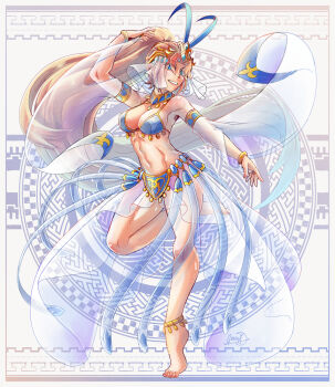 1girl anklet armlet blonde_hair blue_eyes bracelet breasts circlet commission full_body gensox jewelry long_hair looking_at_viewer medium_breasts navel original ponytail revealing_clothes see-through_clothes showgirl_skirt signature solo suisei_no_gargantia tiptoes veil very_long_hair