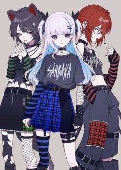 3girls ange_katrina animal_ears arm_warmers asymmetrical_legwear baggy_pants belt black_arm_warmers black_belt black_camisole black_collar black_gloves black_hair black_nails black_ribbon black_skirt black_thighhighs blue_arm_warmers blue_eyes blue_hair blue_thighhighs breasts camisole closed_mouth collar collarbone color-coded colored_inner_hair commentary_request dog_ears dog_girl dog_tail ear_piercing earrings feet_out_of_frame fingerless_gloves fishnet_thighhighs fishnets flower frown gloves green_arm_warmers green_skirt grey_background grey_pants grey_shirt grey_tail group_name group_picture hair_behind_ear hair_flower hair_intakes hair_ornament hair_ribbon hairpin hand_in_pocket hands_up haruwo heterochromia highres horizontal-striped_thighhighs inui_toko jewelry layered_skirt leg_belt legwear_garter lize_helesta looking_at_viewer midriff miniskirt mismatched_legwear multicolored_hair multiple_girls multiple_hairpins nail_polish navel nijisanji official_alternate_costume open_mouth pants pendant piercing ponytail punk purple_eyes red_arm_warmers red_eyes red_hair ribbon sanbaka_(nijisanji) shirt shirt_tucked_in short_sleeves sidelocks simple_background single_arm_warmer single_earring single_fishnet_armwear single_glove single_sidelock single_thighhigh skirt small_breasts spiked_collar spikes standing steepled_fingers streaked_hair striped_arm_warmers studded_belt t-shirt tail tank_top thigh_strap thighhighs tongue tongue_out torn_camisole torn_clothes torn_pants torn_thighhighs triangle_earrings two-tone_hair two_side_up v-shaped_eyebrows virtual_youtuber white_hair wolf_cut yellow_eyes