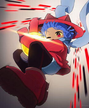 1other absurdres androgynous animal_hat artist_name blue_hair blue_scarf blue_shorts boots brown_boots brown_coat brown_hat cat_hat child coat colored_sclera commentary english_commentary falling from_below hat highres holding_bulb light_bulb long_sleeves niko_(oneshot) one_eye_closed oneshot_(game) other_focus pungsun red_eyes scarf short_hair shorts sleeves_past_fingers sleeves_past_wrists solo yellow_sclera