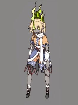 1girl ankle_socks black_shoes blonde_hair bolos brown_jacket burning closed_mouth colored_skin commentary dark_skin fire flaming_eye frilled_arm_warmers frills full_body green_eyes green_fire grey_background grey_skin jacket knees mary_janes medium_skirt mizuhashi_parsee monsterification open_clothes open_jacket pointy_ears scarf shirt shoes short_hair simple_background skirt skirt_set socks solid_circle_eyes solo standing tachi-e torn_clothes torn_skirt torn_sleeves touhou wavy_mouth white_arm_warmers white_scarf white_shirt white_socks