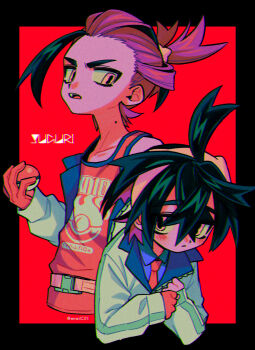 1boy antenna_hair black_hair blue_shirt character_name collarbone collared_shirt colored_inner_hair gloves highres holding holding_poke_ball jacket kieran_(pokemon) long_sleeves looking_at_viewer male_focus menma_(enaic31) mole mole_on_neck multicolored_hair nintendo open_clothes open_jacket open_mouth partially_fingerless_gloves poke_ball pokemon pokemon_sv purple_hair red_background red_tank_top shirt short_hair simple_background single_glove tank_top teeth tongue twitter_username two-tone_hair upper_teeth_only white_jacket yellow_eyes