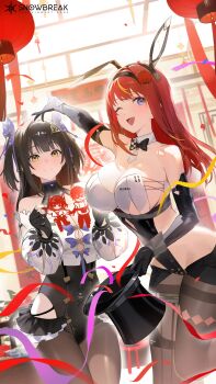 2girls ;d absurdres adjutant_(snowbreak) animal_ears arm_up artist_request bare_shoulders black_bow black_bowtie black_gloves black_hairband black_leotard black_pantyhose blonde_hair blue_eyes blunt_bangs bow bowtie breasts brown_hair butterfly_hair_ornament chinese_new_year cleavage closed_mouth clothing_cutout collarbone commentary confetti detached_collar detached_sleeves english_commentary fake_animal_ears fingerless_gloves gloves hair_ornament hairband hat highres hip_vent holding holding_unworn_clothes holding_unworn_hat indoors large_breasts leotard leotard_under_clothes logo long_hair looking_at_viewer magic_trick multicolored_hair multiple_girls official_alternate_costume official_art one_eye_closed open_mouth pantyhose paper_cutout rabbit_ears red_hair second-party_source shirt sidelocks siris_(snowbreak) sleeveless sleeveless_shirt smile snowbreak:_containment_zone standing standing_on_one_leg streaked_hair swept_bangs tess_kotkin top_hat two-tone_hair two_side_up unworn_hat unworn_headwear white_shirt white_sleeves wrist_cuffs yellow_eyes