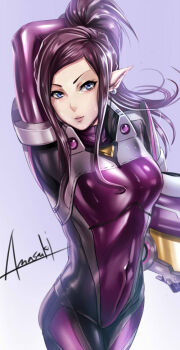 1girl amasaki_yusuke blue_eyes bodysuit breasts commentary_request cropped earrings gloves unworn_headwear helmet unworn_helmet jewelry lips looking_at_viewer macross macross_delta mirage_farina_jenius pilot_suit ponytail purple_hair science_fiction signature spacesuit upper_body
