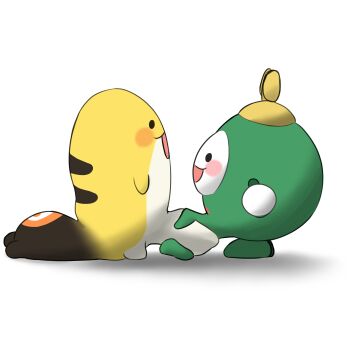 Rule 34 | :3, :d, absurdres, blush stickers, commentary, creature, crotch handshake (meme), extra hands, from side, full body, grem (gigi murin), handshake, highres, hololive, hololive english, looking at another, meme, no humans, open mouth, otomo (cecilia immergreen), shadowfix, simple background, smile, solid circle eyes, symbol-only commentary, tail, virtual youtuber, white background, winding key