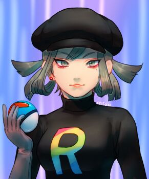 1girl artist_name black_hat black_shirt breasts commentary earrings elbow_gloves english_commentary eyelashes gloves great_ball green_eyes green_hair grey_gloves hair_rings hat holding holding_poke_ball jewelry medium_hair mole mole_under_eye nintendo nostrils onisuu poke_ball pokemon pokemon_usum shirt smile solo straight-on team_rainbow_rocket team_rainbow_rocket_grunt team_rainbow_rocket_uniform upper_body