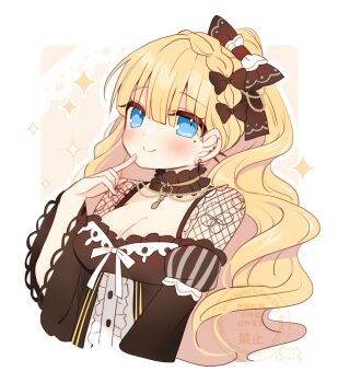 1girl black_bow black_dress blonde_hair blue_eyes bow breasts center_frills choker cleavage closed_mouth commentary_request cropped_torso dress ear_piercing earrings finger_to_mouth frilled_choker frills hair_bow jewelry long_hair long_sleeves looking_at_viewer mahou_shoujo_no_majo_saiban medium_breasts mole mole_under_eye one_side_up piercing saeki_miria shikito_(yawa0w0) smile solo sparkle upper_body white_background