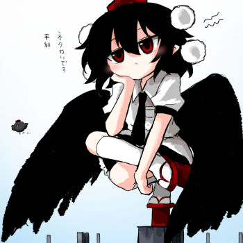 Rule 34 | 1girl, :c, bird wings, black hair, black necktie, black skirt, black wings, blush, breast pocket, closed mouth, collared shirt, commentary request, feathered wings, frilled skirt, frills, geta, hair between eyes, hair ornament, hand on own chin, hat, heripantomorrow, kneehighs, necktie, pocket, pointy ears, pom pom (clothes), pom pom hair ornament, puffy short sleeves, puffy sleeves, red eyes, red hat, shameimaru aya, shameimaru aya (crow), shirt, short hair, short sleeves, skirt, socks, solo, squatting, tengu-geta, tengu pose, tokin hat, touhou, translated, white shirt, white socks, wings