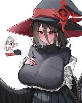 2girls black_coat black_hair black_shirt black_skirt black_wings blue_archive blush book braid breasts coat completely_nude crying dragonchicken02 earrings eri_(blue_archive) feathered_wings grey_hair hair_between_eyes halo hand_on_own_chest hasumi_(blue_archive) hat highres jewelry kneeling large_breasts long_hair long_hair_between_eyes looking_at_viewer low_wings mole mole_under_eye multiple_girls multiple_rings nail_polish nude open_clothes open_shirt partially_unbuttoned pleated_skirt reaching reaching_towards_another red_eyes red_halo red_nails ring shirt skirt turtleneck turtleneck_shirt very_long_hair white_shirt wings witch_hat yellow_halo