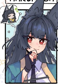 1girl animal_ear_fluff animal_ears aqua_jacket black_gloves black_hair black_necktie blue_background blush chibi closed_mouth commentary eating english_commentary fingerless_gloves floral_print food fox_ears fox_girl fruit gloves hand_on_own_chin hand_up highres hoshimi_miyabi jacket long_hair looking_at_viewer melon necktie portrait red_eyes shirt smile solo speech_bubble sshooooe thought_bubble white_shirt zenless_zone_zero