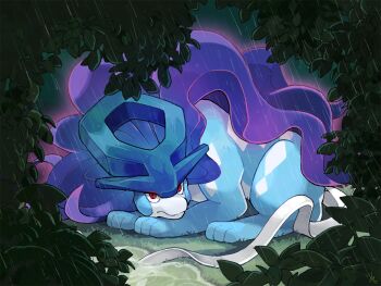 closed_mouth commentary_request gen_2_pokemon grass legendary_pokemon lying nintendo no_humans outdoors pokemon pokemon_(creature) pokemon_focus puddle rain red_eyes sim_sb_(pixiv121308470) solo suicune water