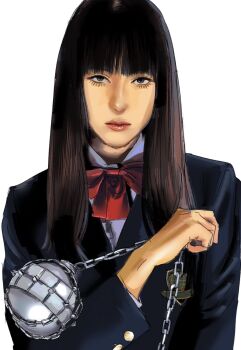 Rule 34 | 1girl, asian, ball and chain (weapon), black eyes, black hair, bow, bowtie, closed mouth, highres, kill bill, leytoz, long hair, looking at viewer, realistic, red bow, red bowtie, solo, weapon, white background, yuubari gogo