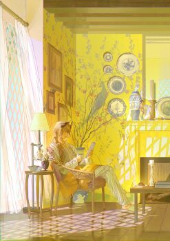 1boy absurdly_detailed_composition androgynous apple backlighting bare_tree blanket blonde_hair blue_eyes book bowl bread candle candlestand chair closed_mouth collared_pajamas commentary croissant crossed_legs cup curtains day dispersion_(optics) doll drinking_glass earrings english_commentary expressionless fireplace flower food from_side fruit fruit_bowl garutanachi hair_between_eyes highres holding holding_cup holding_notebook horns indoors jewelry lamp loaded_interior long_hair low_ponytail mirror notebook open_collar original pajamas pants picture_frame pink_flower plant plate pointy_ears ponytail porcelain potted_plant qinghua_(porcelain) reading scenery see-through_curtains side_ponytail sidelocks sitting slippers solo striped_clothes striped_pajamas striped_pants sunlight table teacup tree vase vertical-striped_clothes vertical-striped_pajamas wallpaper_(object) white_slippers wide_shot window window_shadow wing_collar wooden_floor