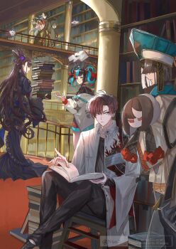 Rule 34 | 2boys, 3girls, absurdres, ashiya douman (fate), black dress, black hair, book, coat, cone hair bun, dress, fate/grand order, fate (series), hair bun, hair over one eye, hat, highres, jacket, lady yu doll, library, long hair, multicolored hair, multiple boys, multiple girls, murasaki shikibu (fate), murasaki shikibu (first ascension) (fate), nun2o, pile of books, reading, red eyes, sei shounagon (fate), sei shounagon (first ascension) (fate), shikigami, sitting, smile, takasugi shinsaku (fate), takasugi shinsaku (first ascension) (fate), twintails, white coat, white jacket, xu fu (fate), yellow eyes