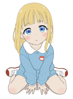 1girl blonde_hair blue_eyes blush blush_stickers collarbone from_above kindergarten_uniform long_hair looking_at_viewer open_mouth original simple_background sitting solo takku white_background