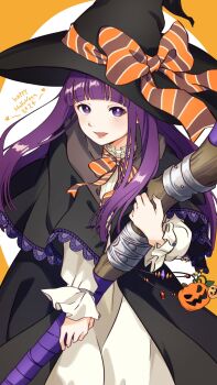 Rule 34 | 1girl, black hat, blunt bangs, commentary request, dress, fern (sousou no frieren), happy halloween, hat, highres, holding, holding polearm, holding weapon, long hair, long sleeves, looking at viewer, myanowo, polearm, puffy long sleeves, puffy sleeves, purple eyes, purple hair, smile, solo, sousou no frieren, weapon, white dress, witch hat