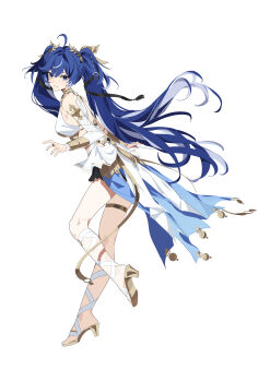 1girl absurdres ahoge ancient_greek_clothes armlet bare_shoulders blue_eyes blue_hair breasts chinese_commentary commentary_request feishi from_side full_body gladiator_sandals greco-roman_clothes highres iuno_(wuthering_waves) jewelry laurel_crown long_hair looking_at_viewer looking_to_the_side medium_breasts multicolored_hair parted_lips partial_commentary sandals simple_background smile solo standing standing_on_one_leg streaked_hair thighlet turning_head twintails vambraces white_background wuthering_waves