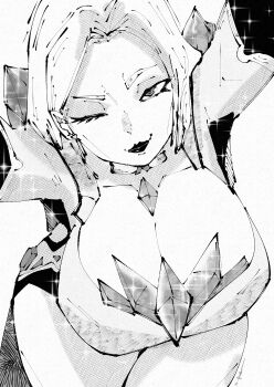 absurdres arm_up breasts cleavage diamond_(gemstone) diamond_(shape) emma_frost highres hug large_breasts leaning_forward leotard lipstick looking_at_viewer makeup marvel marvel_rivals miregeist monochrome one_eye_closed short_hair sparkle tagme thick_thighs thighs
