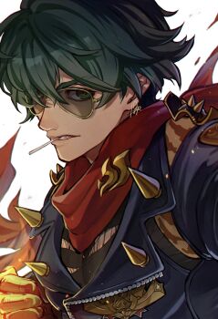1boy black_jacket black_shirt clenched_teeth fire green_eyes green_hair hair_over_one_eye highres jacket leather leather_jacket lighter_(zenless_zone_zero) lollipop_in_mouth looking_at_viewer parted_lips portrait pyms11zzz red_pupils red_scarf scarf shirt short_hair shoulder_spikes simple_background solo spiked_jacket spikes studded_gloves sunglasses teeth torn_clothes torn_scarf torn_shirt v-shaped_eyebrows white_background zenless_zone_zero zipper