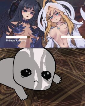 1other 2girls :< alternate_costume apu_spills_his_tendies_(meme) black_hair blonde_hair blush breasts bully bullying cleavage corruption crying crying_with_eyes_open dark_persona final_fantasy final_fantasy_xiv gaia_(ff14) gameplay_ability gameplay_mechanics hood looking_down lying meme midriff mitron_(ff14) multiple_girls navel official_alternate_costume official_alternate_hair_color on_stomach possessed possession ryne_waters sad smile smug square_enix stomach tearing_up tears zeyles