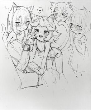1boy 4girls age_difference animal_ears blush cat_ears cat_tail excited excited_for_sex flat_chest gloves harem heart highres imminent_fellatio imminent_group_sex imminent_handjob imminent_penetration loli looking_at_penis monochrome multiple_girls naughty_face paw_gloves penis penis_awe penis_grab renocoffee bad_tag seductive_gaze seductive_smile bad_tag simple_background size_difference smile smug tail traditional_media uncensored white_background