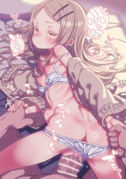 1boy 1girl ass bar_censor blur_censor bra bra_pull breasts brown_cardigan brown_hair butt_crack cardigan censored censored_nipples closed_mouth clothes_pull clothing_aside commentary_request gakuen_idolmaster hair_ornament hairclip hetero highres holding_hands idolmaster loli long_hair long_sleeves nipples orange_eyes paid_reward_available panties panties_aside panty_pull parallel_hairclips penis puddinghomhom rolling_eyes sex shinosawa_hiro small_breasts solo_focus sound_effects stomach_bulge tearing_up tears thick_eyebrows underwear vaginal variant_set white_bra white_panties