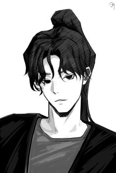 Rule 34 | 1boy, black coat, black eyes, black hair, black shirt, coat, commentary, english commentary, facing viewer, greyscale, head tilt, high ponytail, highres, l3xarts 17, looking to the side, male focus, monochrome, parted lips, ponytail, shadow slave, shirt, solo, sunny (shadow slave), upper body