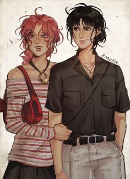 2girls androgynous bag belt black_belt black_eyes black_hair black_shirt breast_pocket closed_mouth collared_shirt commentary cowboy_shot dress_shirt earrings english_commentary grey_pants hair_bun highres jewelry kininatteru_hito_ga_otoko_ja_nakatta koga_mitsuki makshin mole mole_under_eye multiple_girls necklace off-shoulder_shirt off_shoulder oosawa_aya pants parted_bangs pocket red_bag red_eyes red_hair shirt shirt_tucked_in short_sleeves shoulder_bag single_hair_bun smile striped_clothes striped_shirt twitter_username wavy_hair