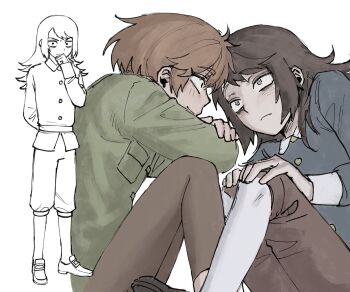 1boy 1girl abaddon_(haunted_hotel) abaddon_(human)_(haunted_hotel) blue_coat blue_eyes brown_hair coat commentary_request crossed_arms esther_freeling green_coat hands_on_own_knees haunted_hotel highres knees_up korean_commentary lifeisassholee long_hair looking_at_another multiple_views short_hair simple_background sitting white_background