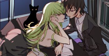1boy 1girl ass black_cat black_dress black_hair black_jacket breasts c.c. cat code_geass creayus dress formal_clothes green_hair jacket lelouch_vi_britannia long_hair long_sleeves purple_eyes shirt short_hair sideboob unfinished white_shirt yellow_eyes