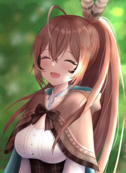 1girl absurdres ahoge among_us blurry blurry_background blush bow breasts brown_bow brown_capelet brown_hair capelet character_print cleavage closed_eyes commentary crewmate_(among_us) crossed_bangs double-parted_bangs facing_viewer feather_hair_ornament feathers green_background hair_between_eyes hair_ornament highres hololive hololive_english long_hair medium_breasts nanashi_mumei nanashi_mumei_(1st_costume) open_mouth ponytail shirt sleeptopi smile solo upper_body virtual_youtuber white_shirt