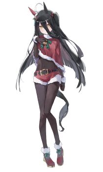 1girl amano_kokoko animal_ears arm_up bell belt black_gloves black_hair black_pantyhose christmas_ornaments_in_hair clothing_cutout commentary_request gloves hair_between_eyes high_side_ponytail highres horse_ears horse_girl long_hair long_hair_between_eyes manhattan_cafe_(umamusume) navel_cutout pantyhose red_shoes santa_costume shoes simple_background solo umamusume white_background yellow_eyes