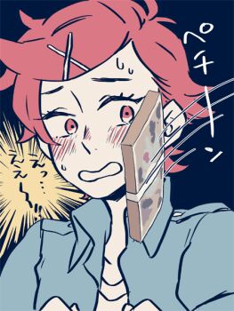 1girl banknote blush brown_eyes brown_hair classicaloid dramatica embarrassed hair_ornament hairclip jacket limited_palette money nervous_sweating otowa_kanae short_hair solo sweat translation_request upper_body