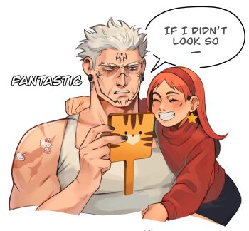 1boy 1girl 50gryvnia ^_^ blue_eyes brown_eyes closed_eyes commentary cosplay cropped_torso earrings english_commentary english_text eyebrow_cut gravity_falls grey_hair grin hello_kitty highres holding holding_mirror itadori_yuuji itadori_yuuji_(cosplay) jewelry jujutsu_kaisen long_hair looking_at_mirror mabel_pines mature_male mirror muscular muscular_male partially_blind red_sweater ryoumen_sukuna_(jujutsu_kaisen) ryoumen_sukuna_(jujutsu_kaisen)_(cosplay) sanrio scar scar_on_shoulder short_hair smile speech_bubble grunkle_stan star_(symbol) star_earrings sticker_on_chest sweater tank_top teeth turtleneck turtleneck_sweater uncle_and_niece white_tank_top wrinkled_skin