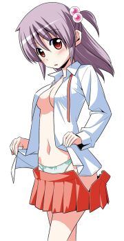 1girl absurdres blush breasts cleavage clothes_lift dress_shirt hata_kenjirou hayate_no_gotoku! highres medium_hair navel open_clothes open_shirt panties purple_hair red_eyes school_uniform segawa_izumi shirt shirt_lift skirt solo stomach thighs twintails two_side_up underwear undressing unworn_skirt