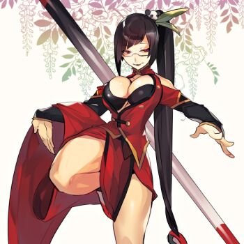 1girl arc_system_works bare_shoulders black_bra black_hair blazblue blazblue:_central_fiction bo_staff bra breasts china_dress chinese_clothes cleavage cleavage_cutout clothing_cutout cowboy_shot dress floral_background glasses hair_ornament hyakuhachi_(over3) large_breasts litchi_faye_ling long_hair panda_hair_ornament pelvic_curtain ponytail purple_eyes red_dress semi-rimless_eyewear smile solo standing standing_on_one_leg thighs underwear very_long_hair yin_yang