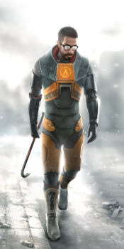 1boy absurdres armor beard blurry blurry_background boots brown_hair cover crowbar dhabih_eng facial_hair full_body glasses gloves gordon_freeman half-life half-life_(series) half-life_2 hev_suit highres holding holding_crowbar holding_weapon looking_down male_focus official_art outdoors realistic short_hair snowing solo standing video_game_cover walking weapon