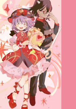 Rule 34 | 2girls, absurdres, adapted costume, alternate costume, black jacket, black necktie, black pants, blush, bow, bowtie, choker, dated, dress, dual wielding, evil grin, evil smile, full body, grey horns, grin, highres, holding, holding mallet, holding needle, horns, jacket, kijin seija, looking at viewer, magical girl, mallet, miracle mallet, multicolored hair, multiple girls, necktie, needle, needle sword, nengo, one eye closed, open mouth, pants, platform shoes, puffy short sleeves, puffy sleeves, purple hair, red bow, red bowtie, red choker, red dress, red hair, red shirt, red shoes, shirt, shoes, short hair, short sleeves, small horns, smile, streaked hair, sukuna shinmyoumaru, teeth, touhou, twitter username, upper teeth only, white hair, wrist cuffs