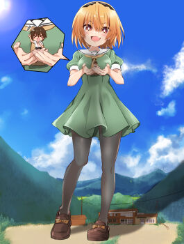 Rule 34 | 1girl, black hairband, black pantyhose, blonde hair, breasts, brown shoes, commentary request, commission, dress, giant, giantess, green dress, hairband, highres, higurashi no naku koro ni, houjou satoko, maebara keiichi, neckerchief, nekomiya mizuki, open mouth, pantyhose, person on hand, pixiv commission, sailor collar, sailor dress, shoes, short hair, size difference, white sailor collar, yellow neckerchief