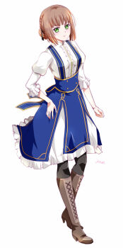 1girl ao_no_kiseki artist_name bob_cut boots braid breasts crown_braid dress duvalie eiyuu_densetsu full_body green_eyes hair_bun hand_on_own_hip high_heel_boots high_heels long_sleeves looking_at_viewer medium_breasts puffy_long_sleeves puffy_sleeves short_hair simple_background single_hair_bun solo tachi-e white_background xiacheng_tatsuya