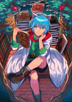 1boy animal_ears apple black_shorts blue_eyes blue_hair book boots cat_ears closed_mouth food fruit highres lab_coat leon_geeste looking_at_viewer male_focus nonhomo_gyunyu short_hair shorts sitting smile solo star_ocean star_ocean:_the_second_story
