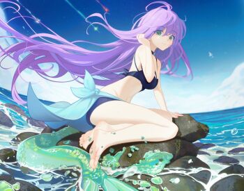 1girl aqua_eyes arm_support barefoot bikini blue_bikini blue_sky blush breasts character_request closed_mouth commission copyright_request daxieshen_huashi day feet full_body hand_up leaning_forward legs long_hair medium_breasts ocean on_rock outdoors purple_hair shooting_star sitting sky smile soles solo swimsuit toenails toes very_long_hair yokozuwari
