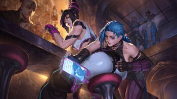 1boy 4girls anal_fingering arcane:_league_of_legends bar_(place) bar_stool bartender black_hair black_pants blue_hair blue_pants braid breasts cammy_white capcom cellphone china_dress chinese_clothes chun-li clenched_teeth commentary crop_top crossover dress el_fuerte english_commentary fingering fingering_through_clothes from_below grin hair_horns han_juri highres indoors jinx_(league_of_legends) large_breasts league_of_legends luchador_mask mask multiple_girls pants phone purple_pants second-party_source shirt sitting smartphone smile stool street_fighter street_fighter_6 sunkeytail teeth through_clothes white_dress white_pants white_shirt yuri