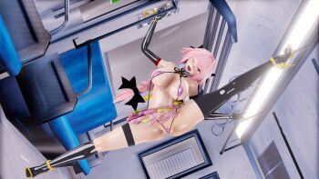 1girl 3d astolfo_(fate) black_gloves black_thighhighs braid breasts cleavage condom condom_belt elbow_gloves fate_(series) genderswap genderswap_(mtf) gloves high_heels highres huge_breasts leg_up one_eye_closed open_mouth pink_hair shiny_skin single_braid slingshot_swimsuit split standing standing_on_one_leg standing_split swimsuit thighhighs train trolltengu used_condom v wink